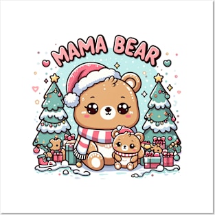 Festive Kawaii Mama Bear and Cub Posters and Art